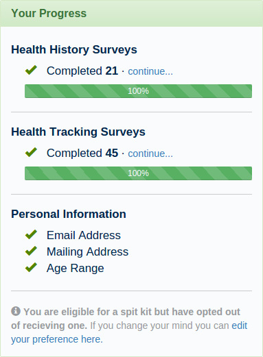 Your Progress - Eligible but opted out of a spit kit